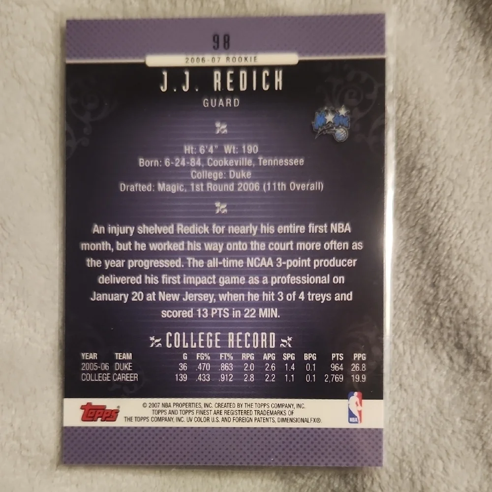 2007 Topps Finest J.J. Redick Rookie Basketball Card